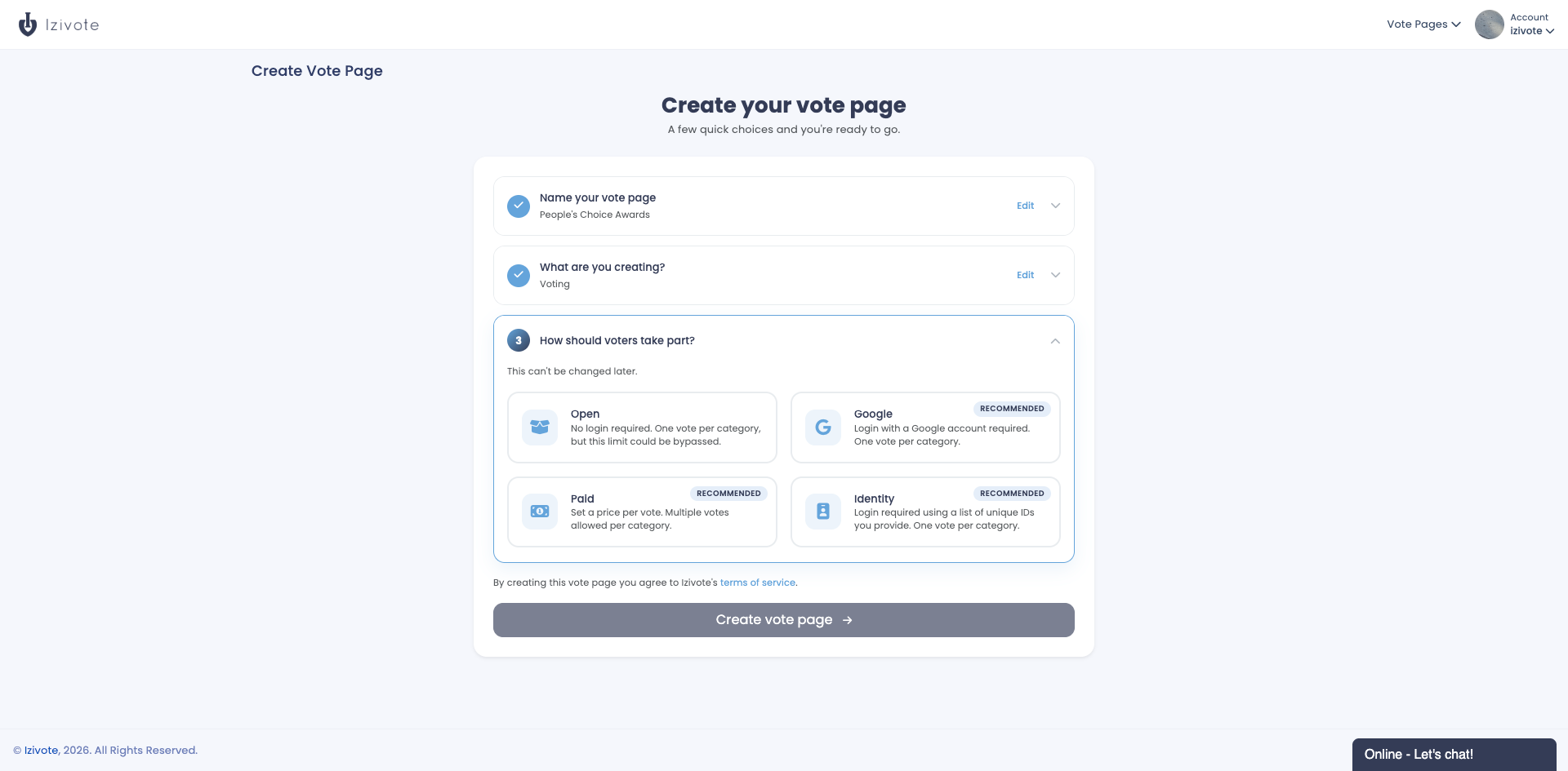 Voting type options when createing a vote page