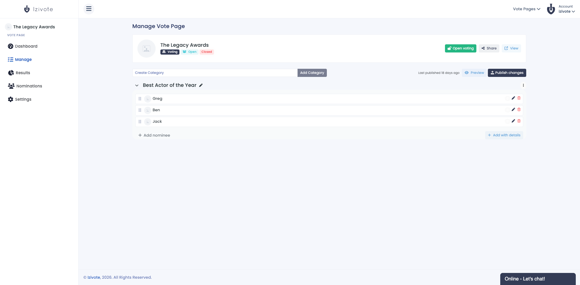 The Manage tab with a category and a few nominees