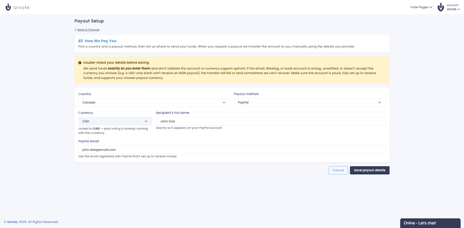 The Payout Setup screen showing country, payout method, and account details